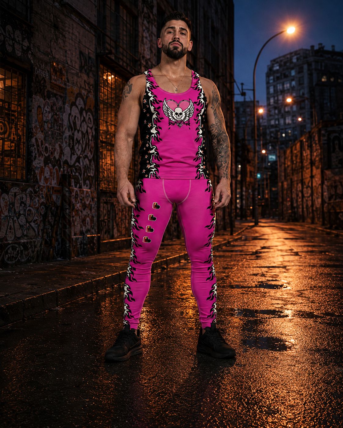 Mann in pinkfarbenem Flammen-Wrestling-Outfit in einer urbanen Berliner Straßenszene bei Nacht.