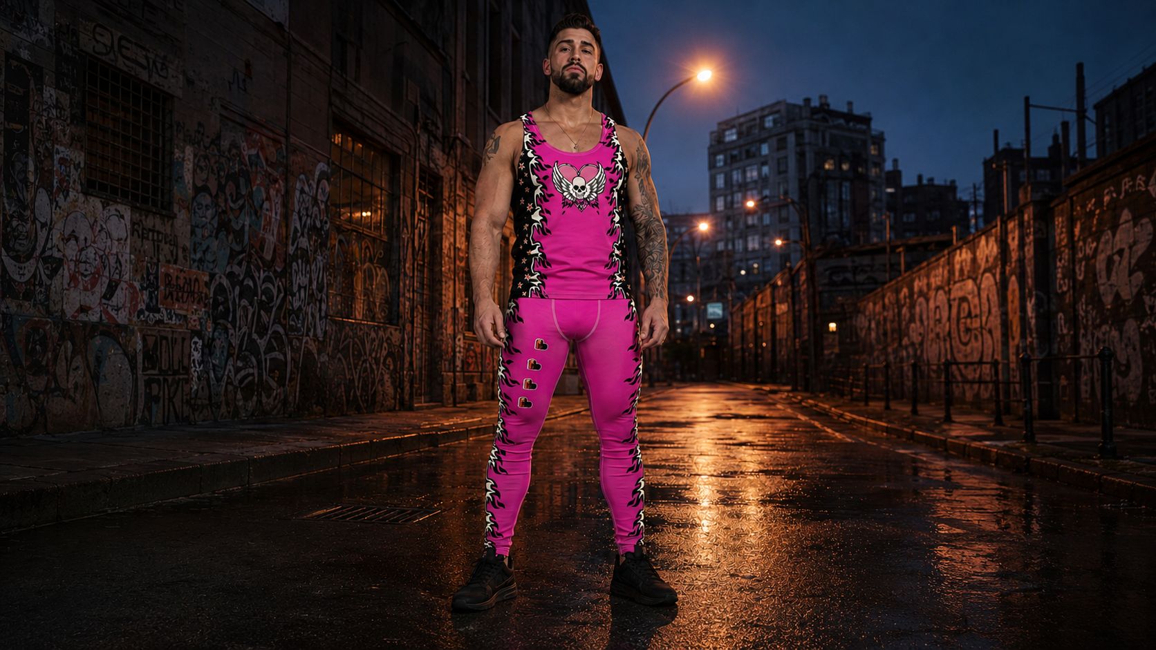 Mann in pinkfarbenem Flammen-Wrestling-Outfit in einer urbanen Berliner Straßenszene bei Nacht.