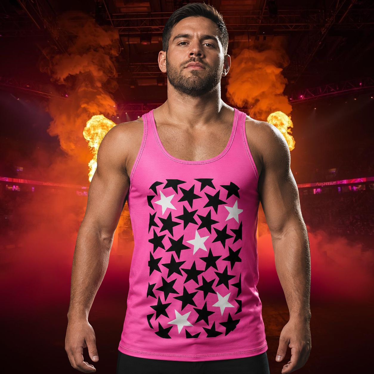 A muscular man wearing a bright pink wrestling entrance tank top with a black and white star pattern, standing in a dramatic arena setting with stage lights and smoke.