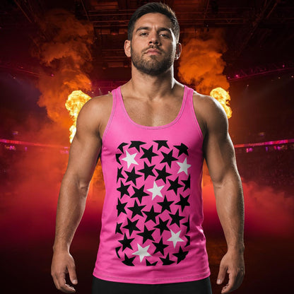 A muscular man wearing a bright pink wrestling entrance tank top with a black and white star pattern, standing in a dramatic arena setting with stage lights and smoke.