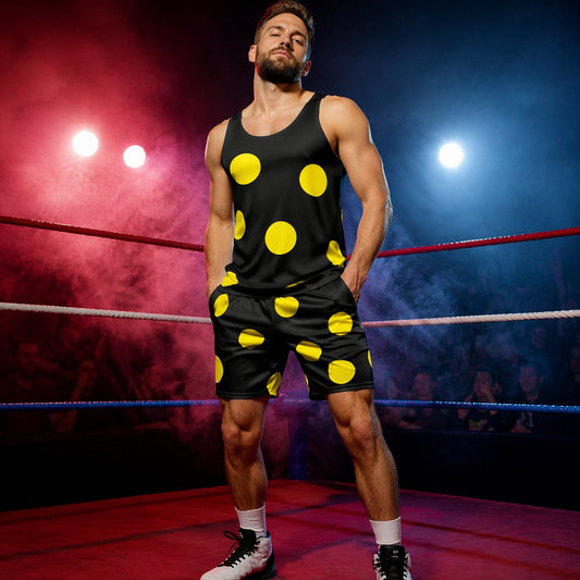 Man in black tank top and shorts with yellow polka dots standing in a boxing ring.