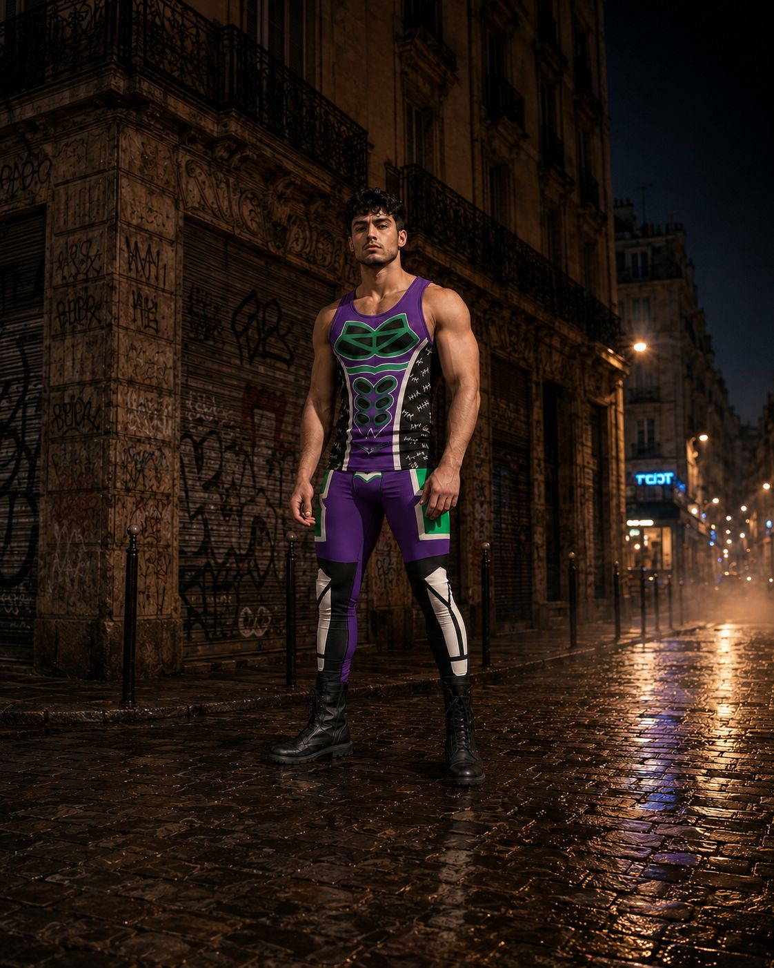Homme en tenue de catcheur violette et verte de style luchador, dans une rue parisienne la nuit.
