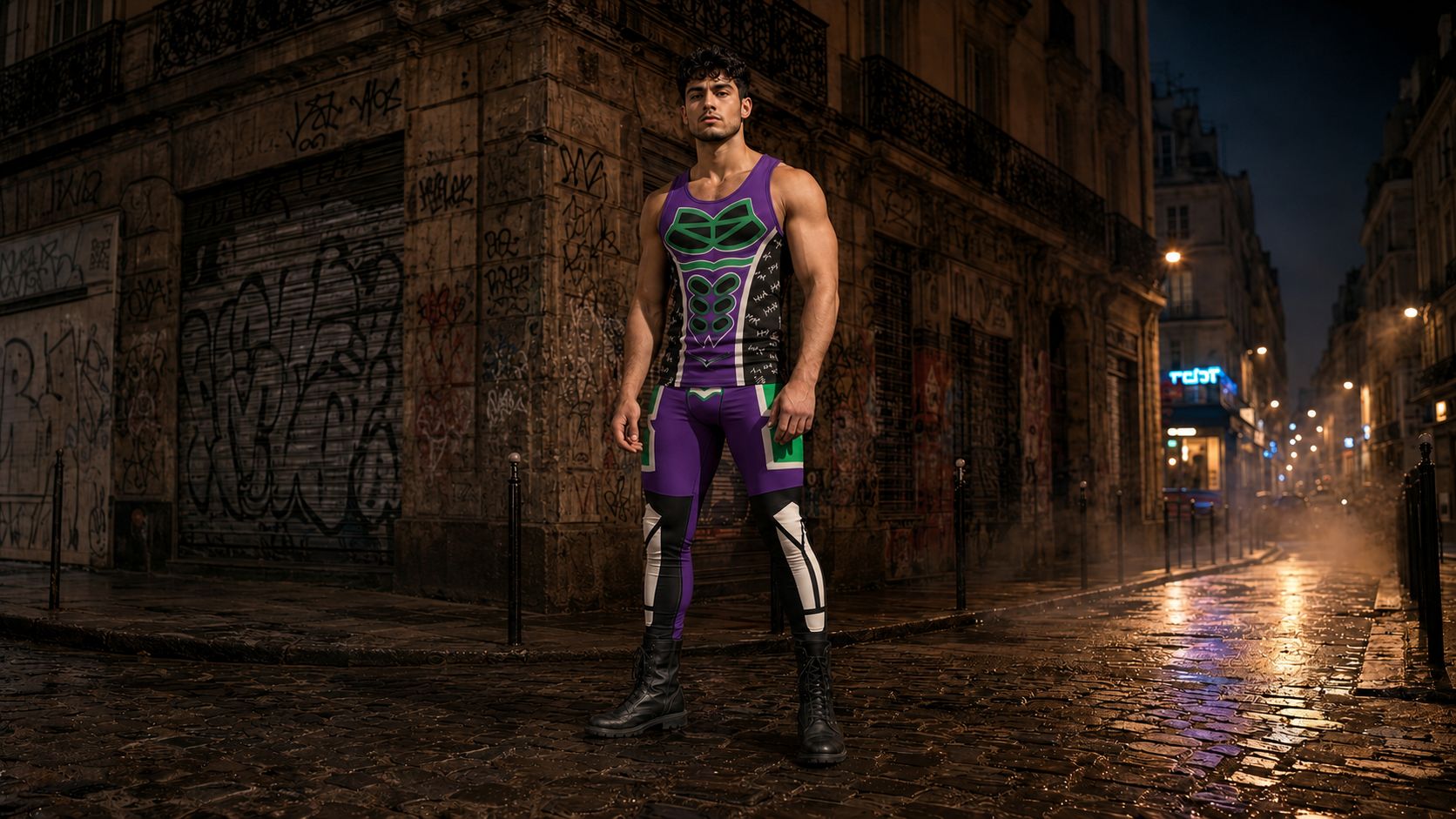 Homme en tenue de catcheur violette et verte de style luchador, dans une rue parisienne la nuit.
