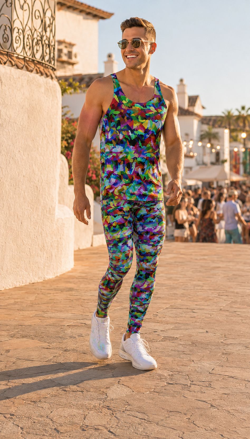Hombre con conjunto de mallas y camiseta de tirantes en estampado camuflaje arcoíris, caminando por una plaza soleada de un pueblo español durante un festival de verano.