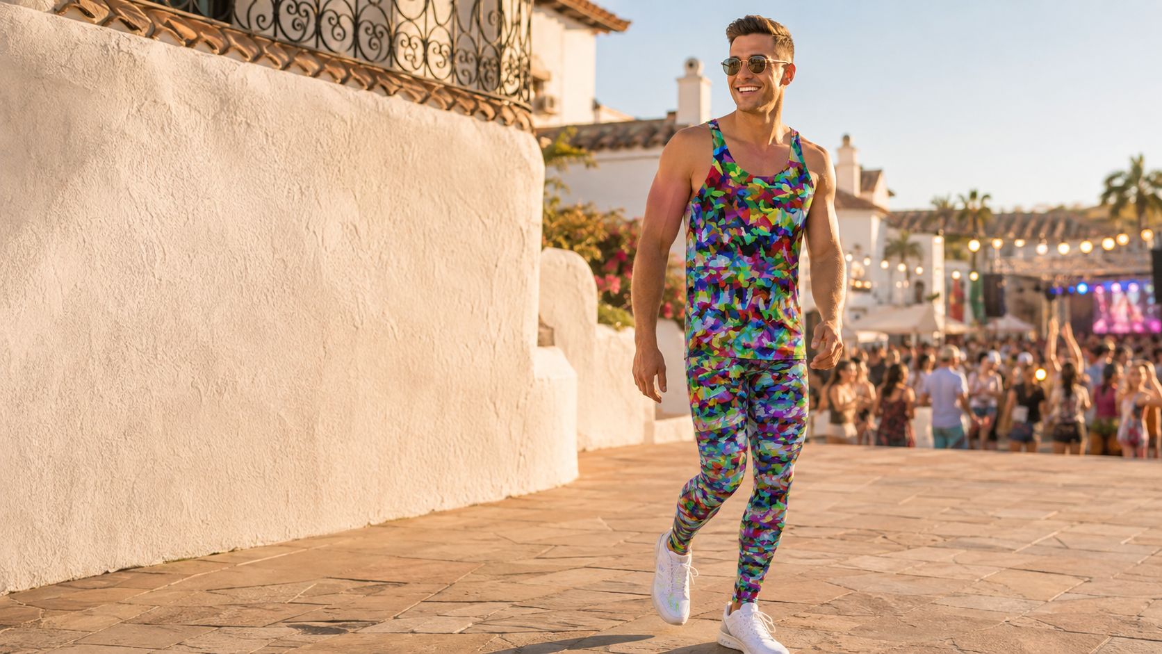 Hombre con conjunto de mallas y camiseta de tirantes en estampado camuflaje arcoíris, caminando por una plaza soleada de un pueblo español durante un festival de verano.