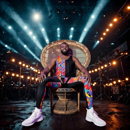 Person sitting on a decorative chair with rainbow pro-wrestling pants and shoes in a stage setting with lights.