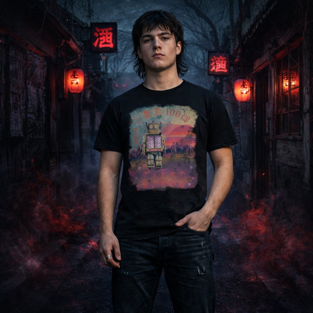 Person wearing a black t-shirt with a retro japanese robot graphic in a dark, atmospheric setting with red lanterns.