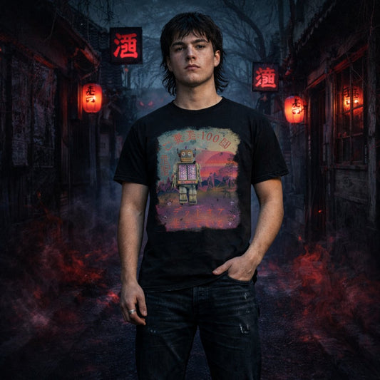 Person wearing a black t-shirt with a retro japanese robot graphic in a dark, atmospheric setting with red lanterns.