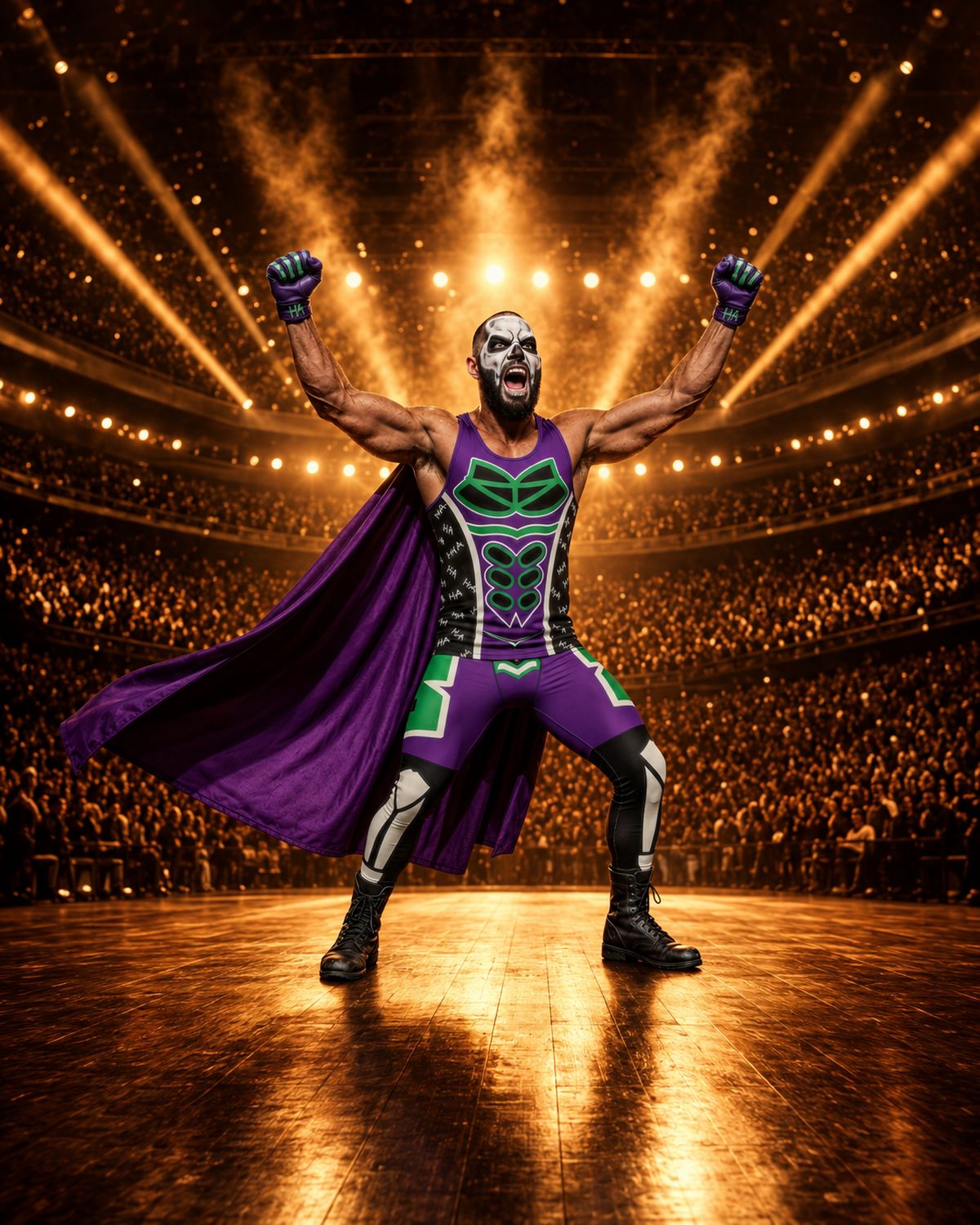 Hombre con la cara pintada, con traje morado de luchador, listo para las luchas.