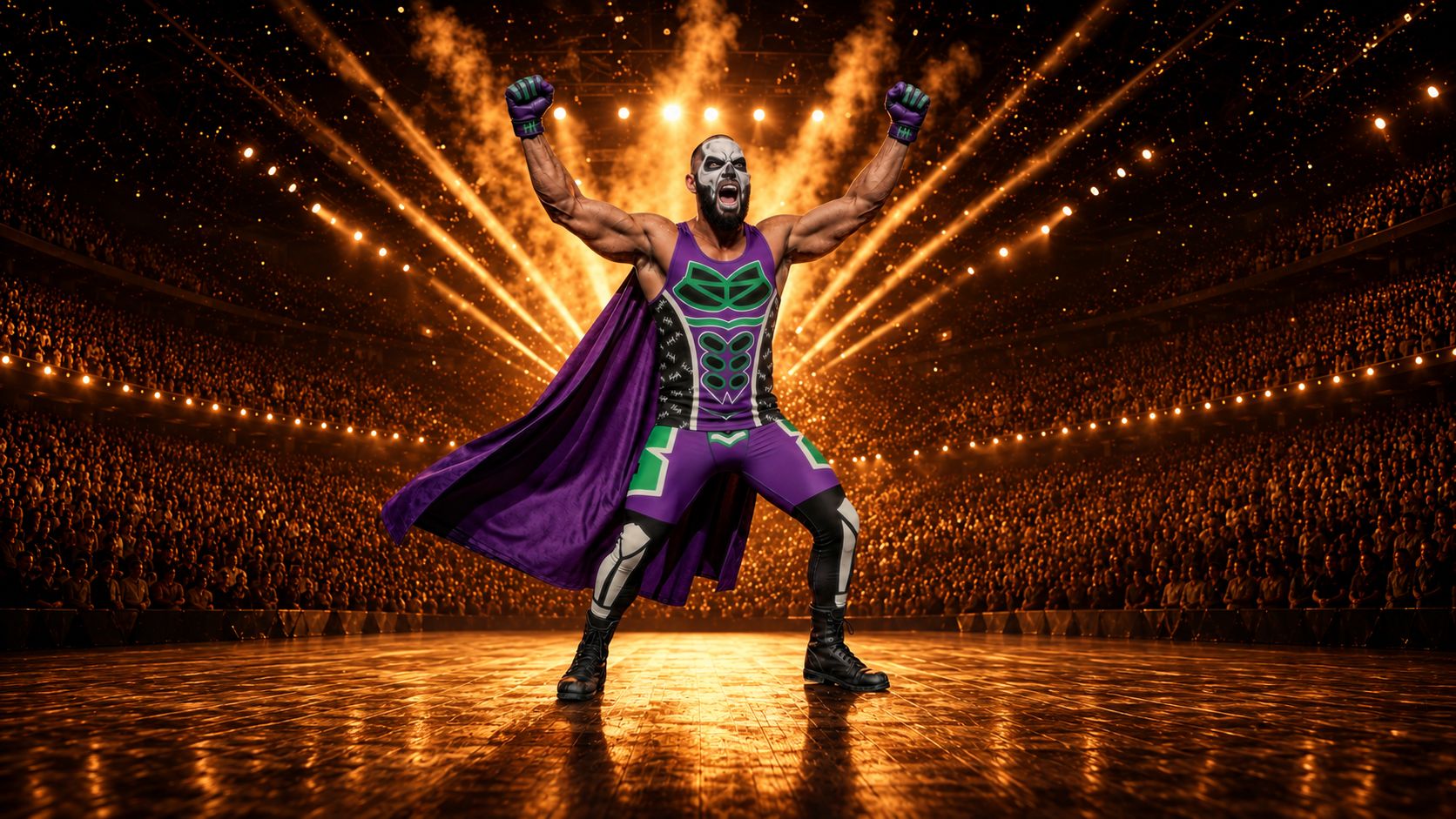 Hombre con la cara pintada, con traje morado de luchador, listo para las luchas.