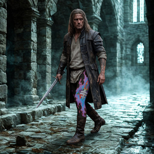 Man in a long coat with colorful wrestling tights holding a sword in a gothic stone ruin.