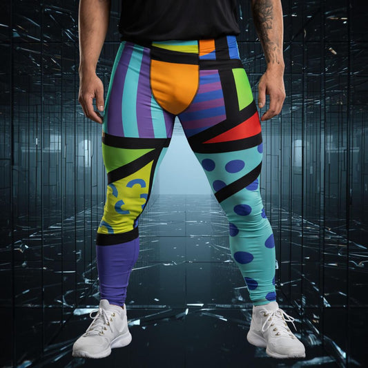 Person wearing colorful, patterned memphis style geometric leggings with a reflective black background