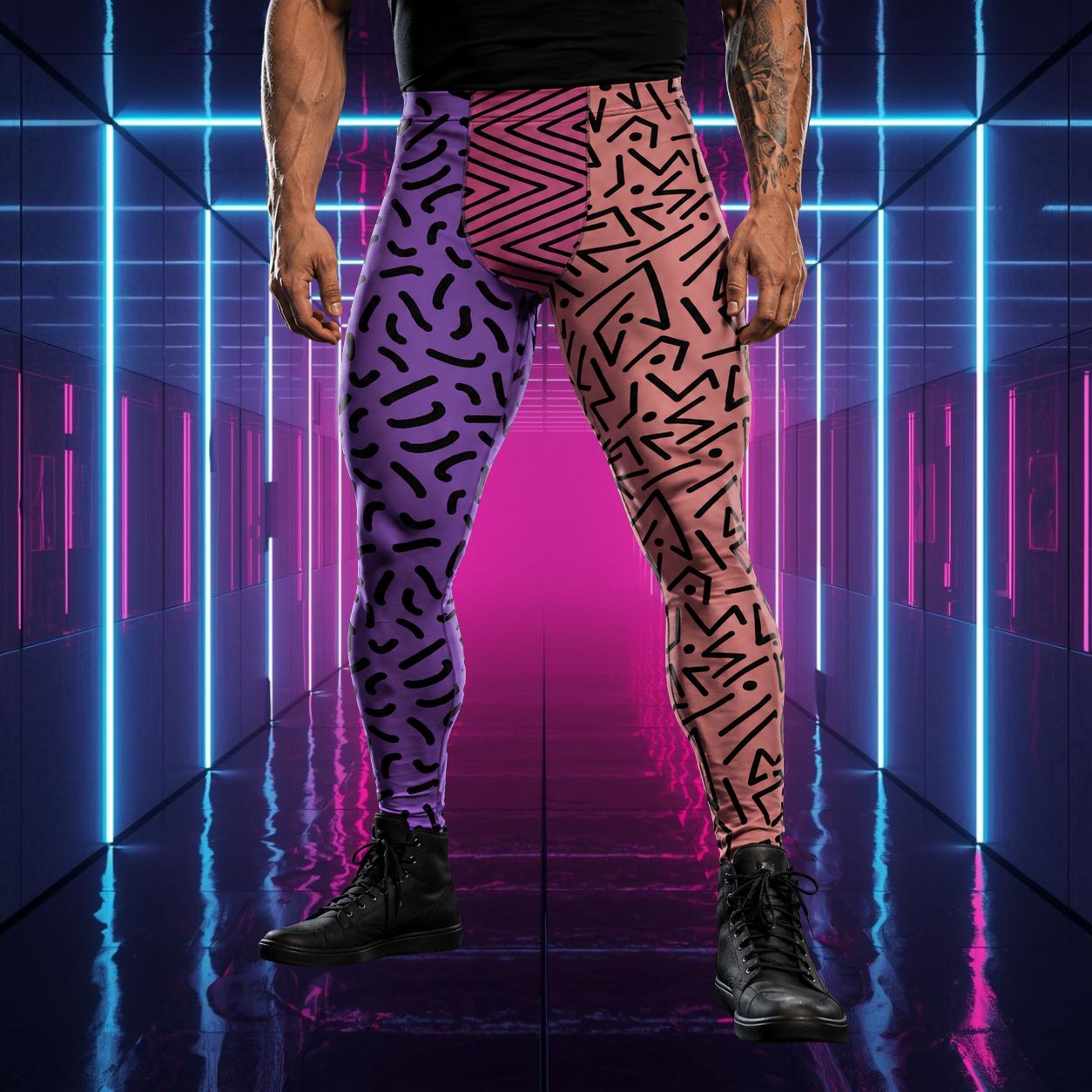 man wearing retro 80s style leggings with alternately colored legs in purple and orange with geometric design