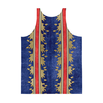 Cosplay inspired men's tank top with detailed fire graphics and retro colour palette