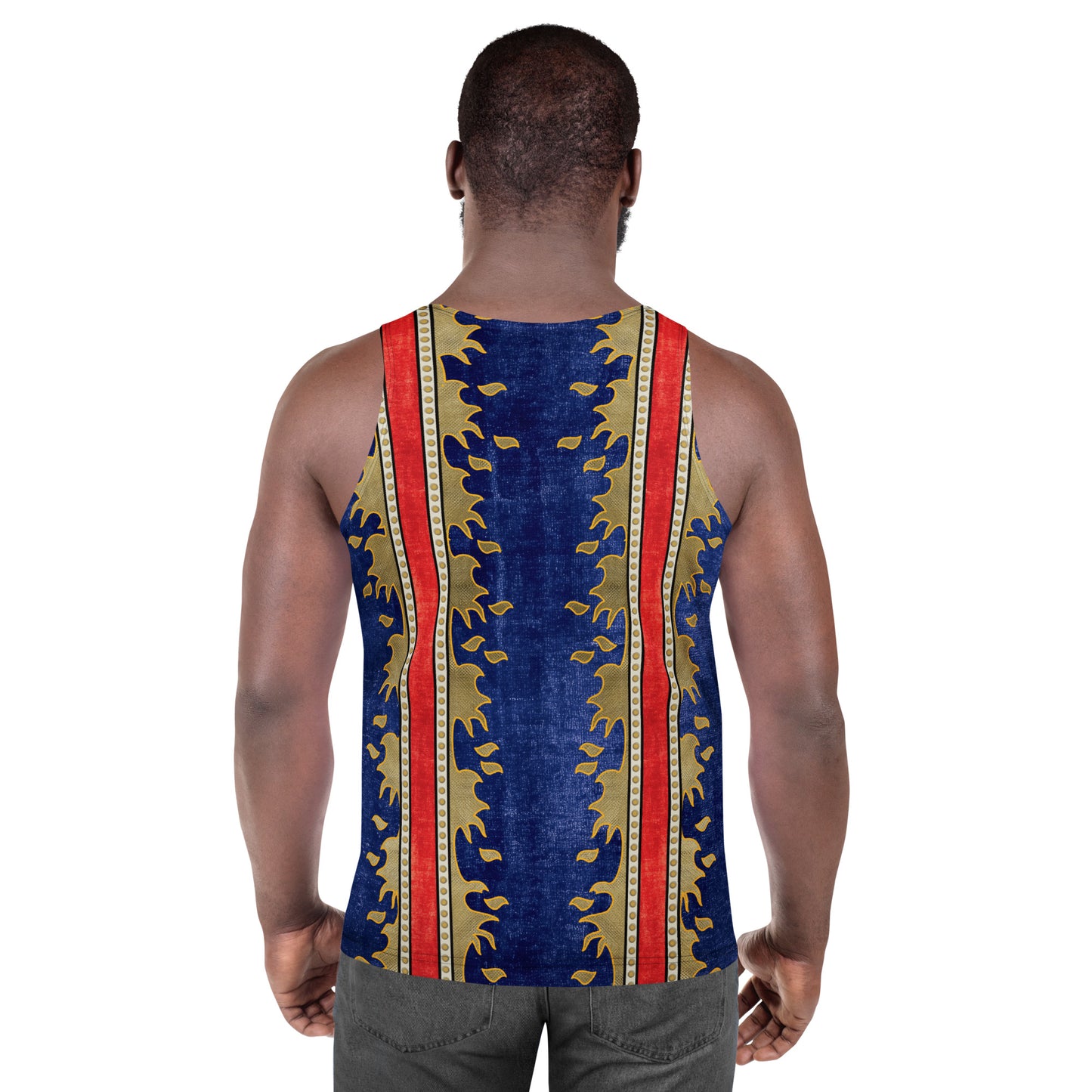 Cosplay inspired men's tank top with detailed eagle graphics and retro colour palette viewed from back