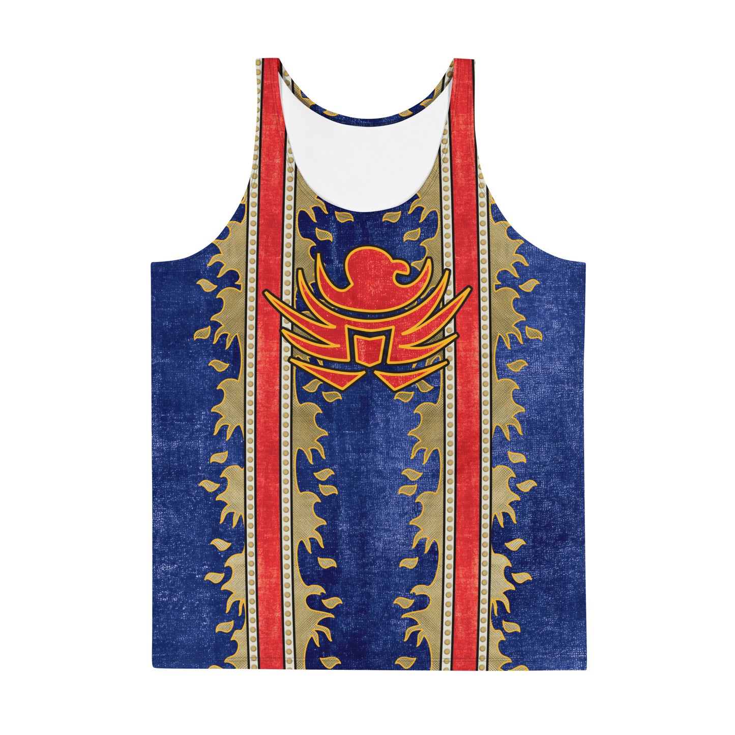 Cosplay inspired men's tank top with detailed eagle graphics and retro colour palette