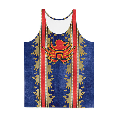Cosplay inspired men's tank top with detailed eagle graphics and retro colour palette