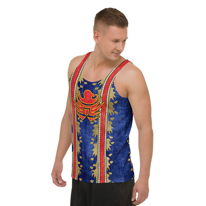 Men modeling Military Eagle retro wrestling tank top with bold graphic print