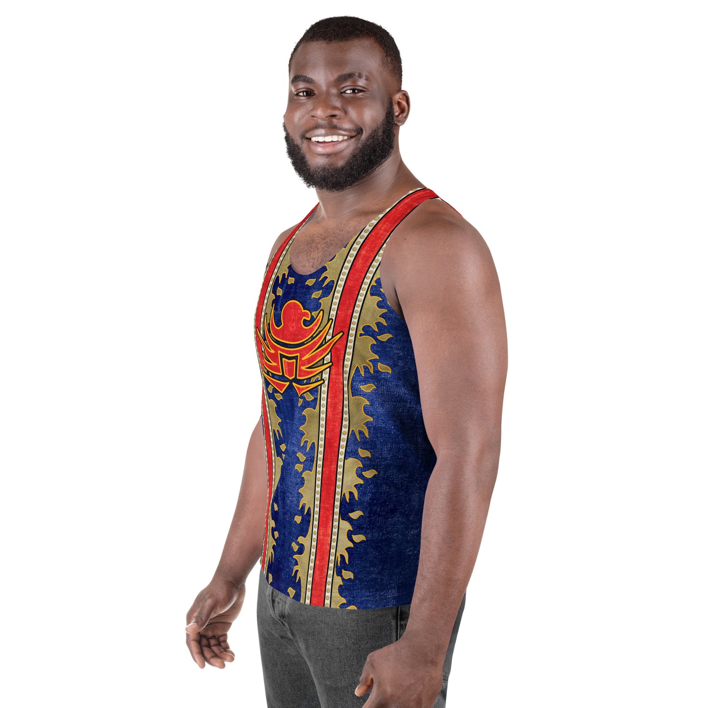 Retro hero style men's tank top with faux velvet artwork and american eagle motif