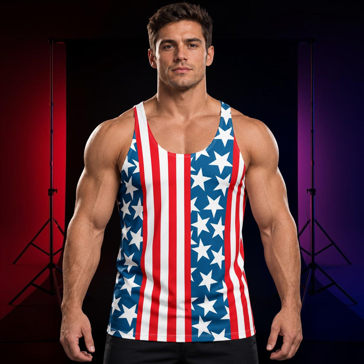 Men's American flag tank top with red and white stripes and white stars on navy, Patriot print, front view on model