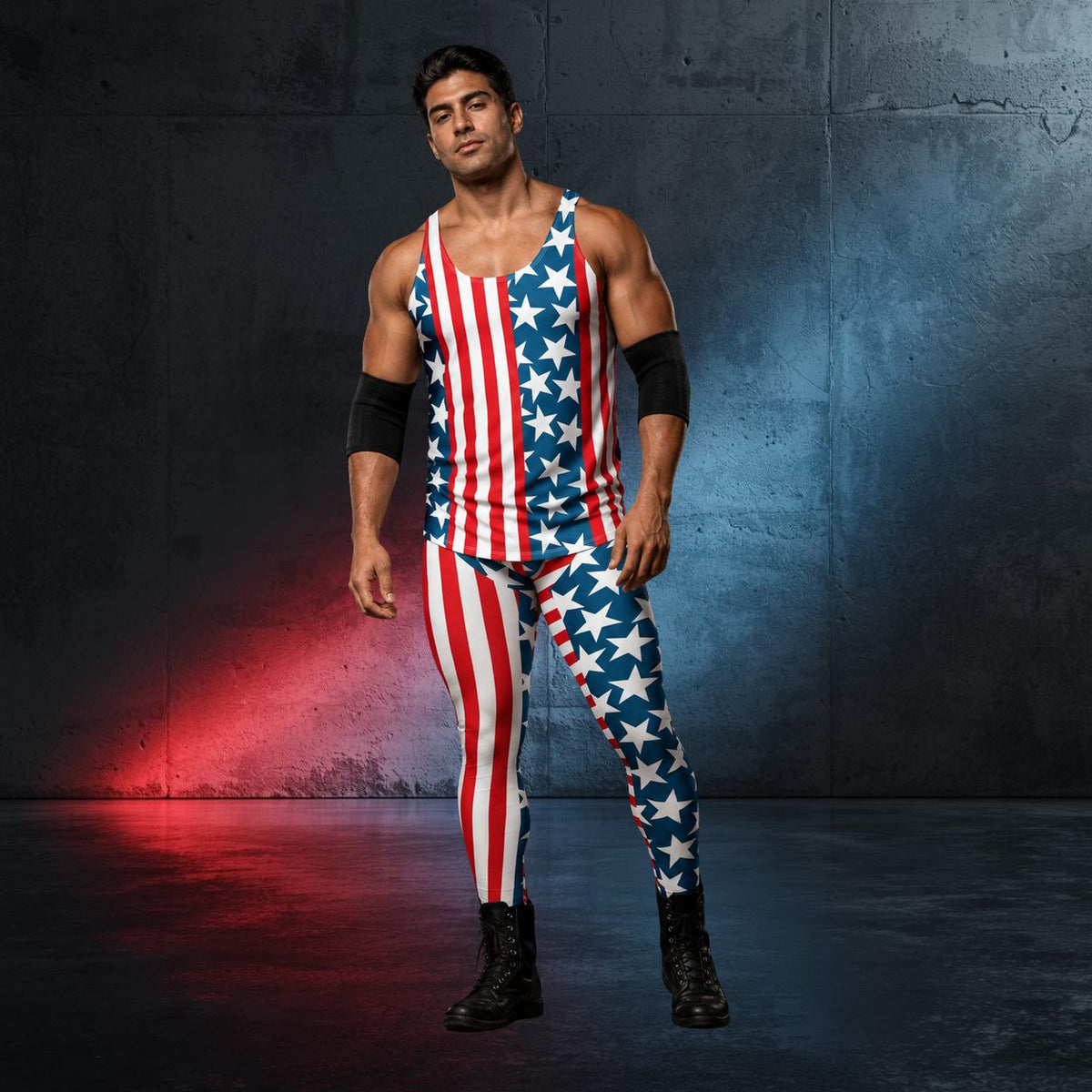 Man wearing the Patriot men's wrestling outfit: American flag tank top and matching stars and stripes leggings