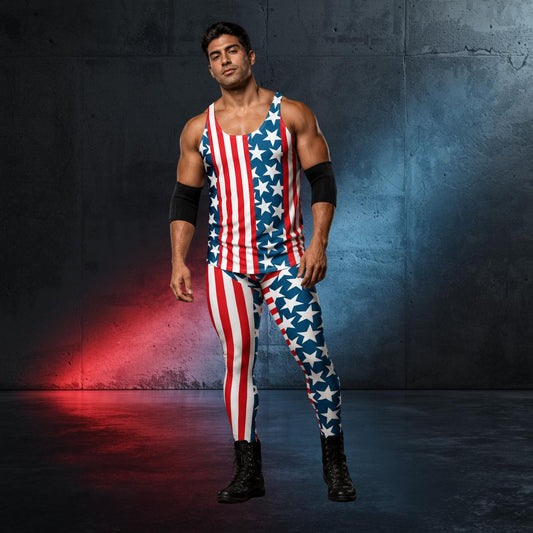 Man wearing the Patriot men's wrestling outfit: American flag tank top and matching stars and stripes leggings