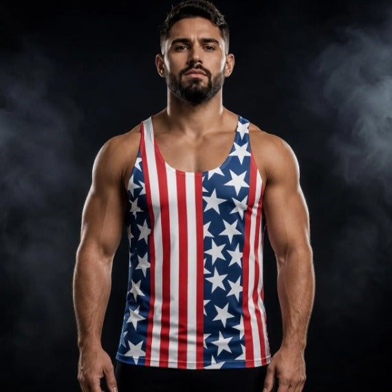 Men's American flag tank top with red and white stripes and white stars on navy, Patriot print, front view on model