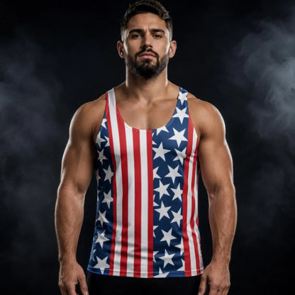 Men's American flag tank top with red and white stripes and white stars on navy, Patriot print, front view on model
