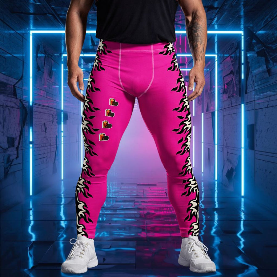 Person wearing bright pink bold leggings with black flame patterns and hearts in a futuristic setting.