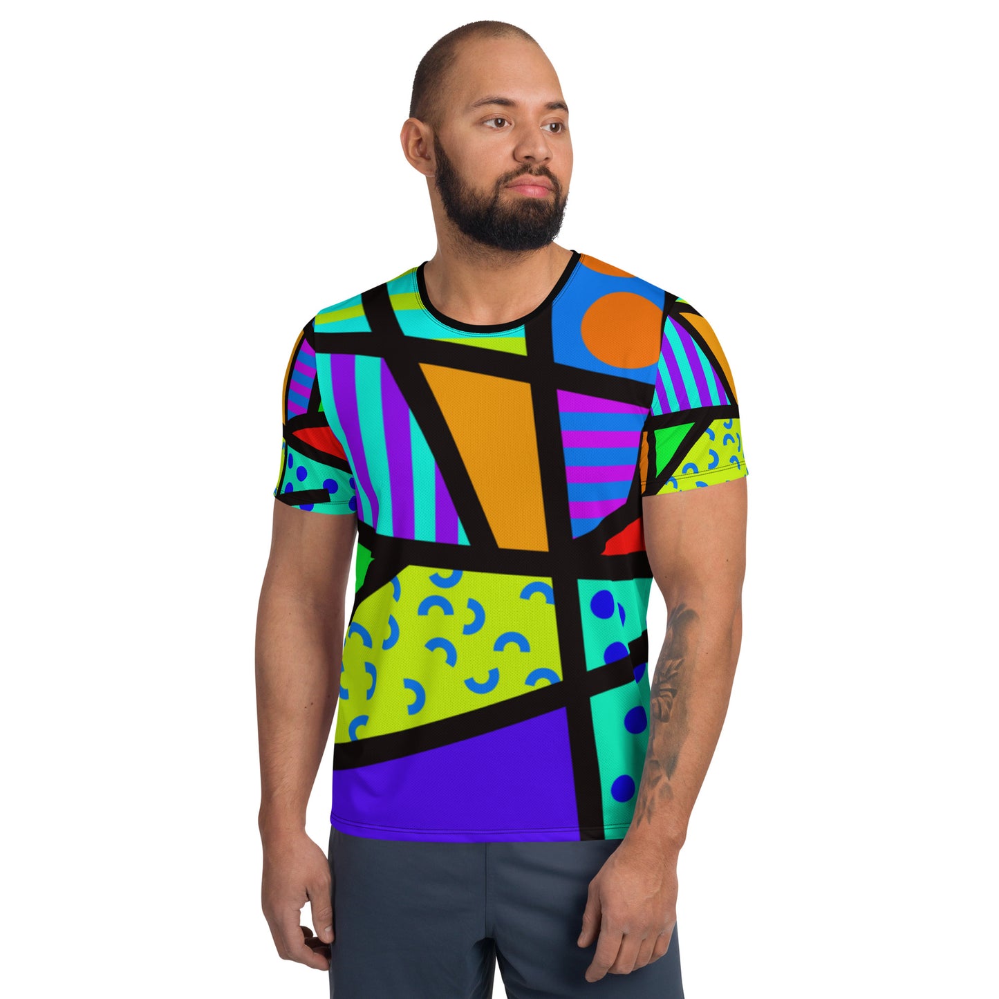 Men’s athletic T-shirt with full Memphis geometric print in bright 80s colors