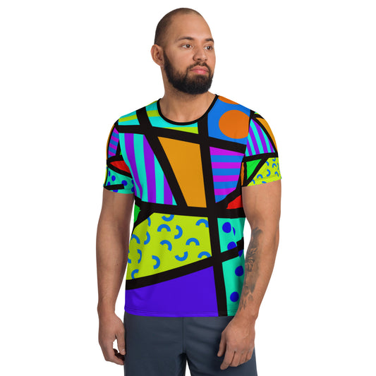 Men’s athletic T-shirt with full Memphis geometric print in bright 80s colors