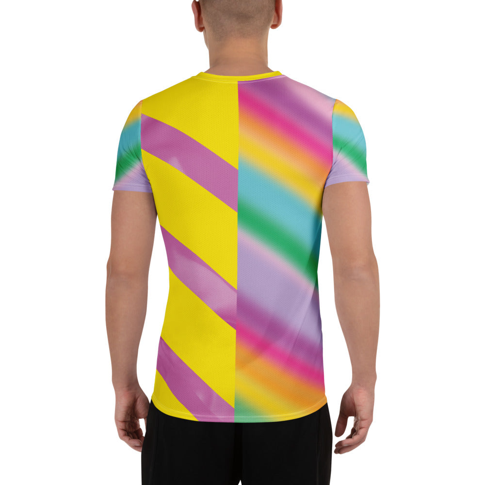 Colourful men’s athletic t-shirt with pastel rainbow gradient sleeves and diagonal panels - back view