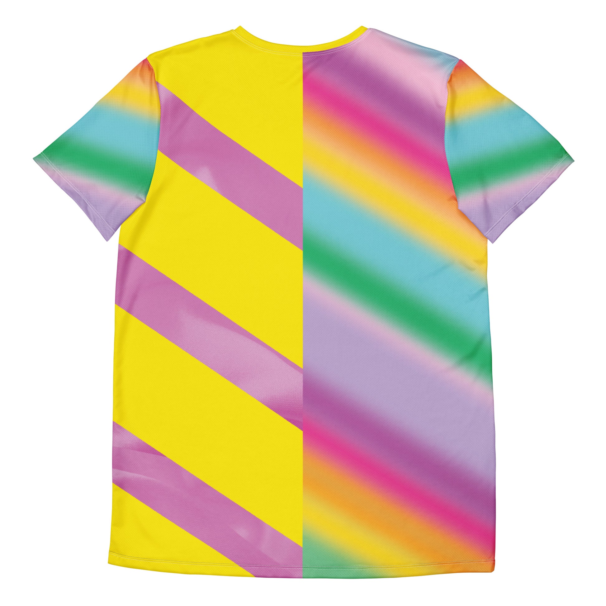 Men’s pastel rainbow athletic t-shirt with geometric yellow and soft rainbow print - back view