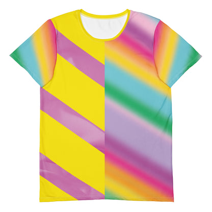 Men’s pastel rainbow athletic t-shirt with geometric yellow and soft rainbow print - front view