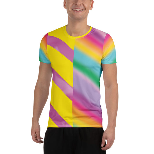 Men’s pastel rainbow athletic t-shirt with yellow geometric and gradient design