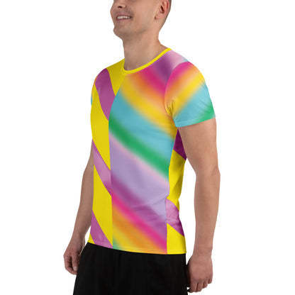 Colourful men’s athletic t-shirt with pastel rainbow gradient sleeves and diagonal panels