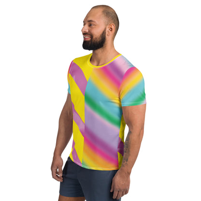 Men’s athletic t-shirt in pastel rainbow colours with diagonal retro pattern