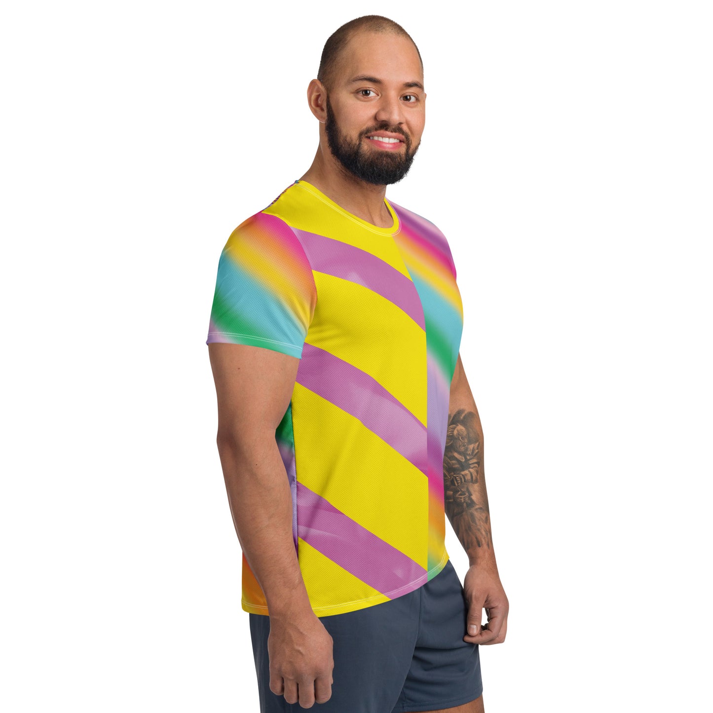 Colourful men’s athletic t-shirt with pastel rainbow gradient sleeves and diagonal panels - left view