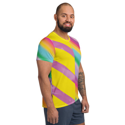 Colourful men’s athletic t-shirt with pastel rainbow gradient sleeves and diagonal panels - left view