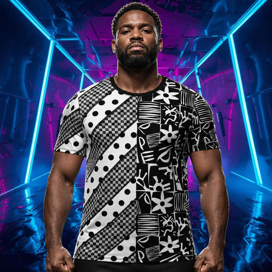 Man wearing a black and white retro 80s Memphis style athletic t-shirt wiht a split design, with diagonal rows, polka dots, checks, block shapes.