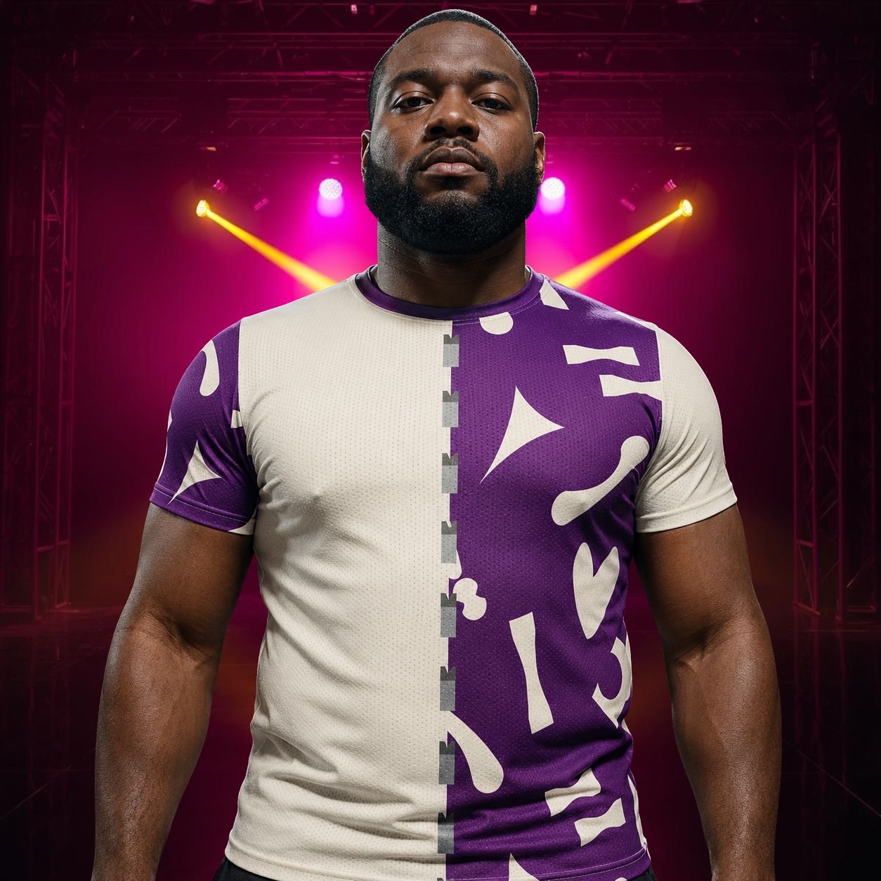 Man wearing a purple and white sports jersey with retro Memphis style geometric patterns on a dark background