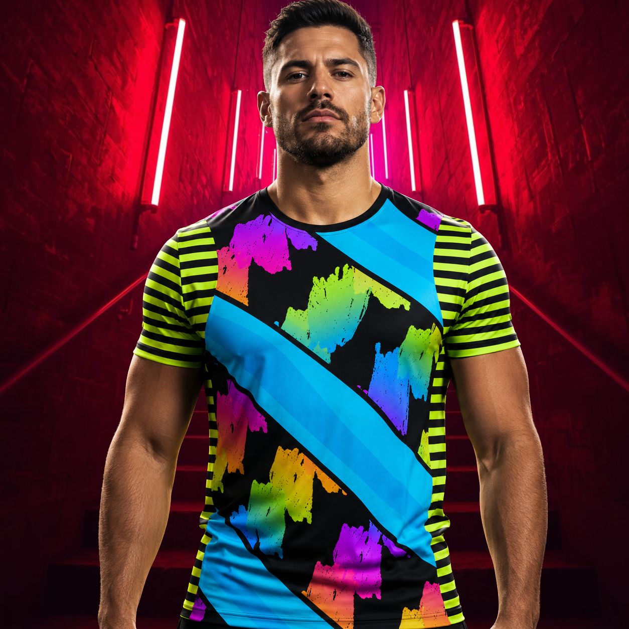 Man wearing a colorful rainbow shirt with a vibrant blue diagonal design against a red neon background