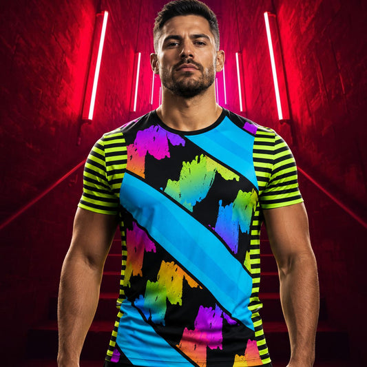 Man wearing a colorful rainbow shirt with a vibrant blue diagonal design against a red neon background
