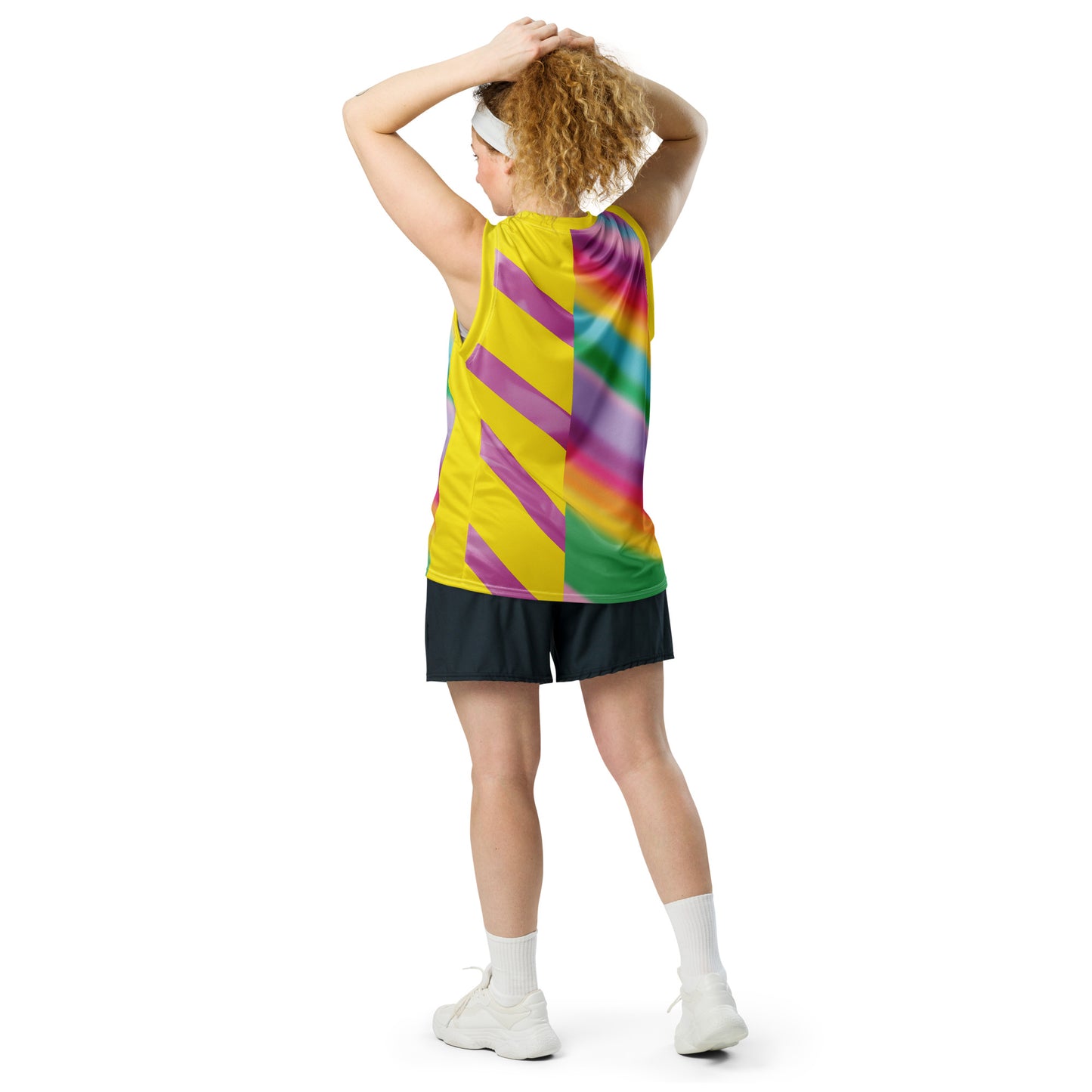 Women’s pastel rainbow basketball jersey with geometric stripe design back view