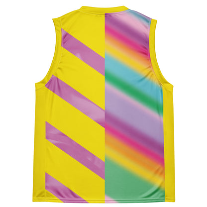 Pastel rainbow basketball jersey with diagonal stripe panels and yellow base