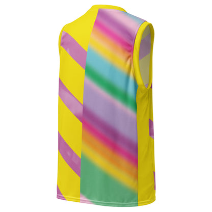 Sleeveless pastel rainbow men’s basketball jersey retro colour block pattern