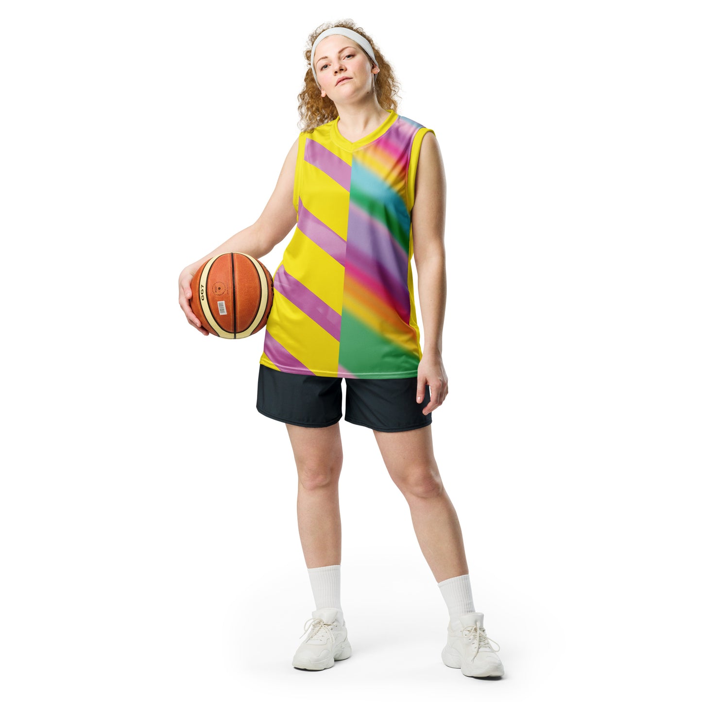 Women’s pastel rainbow basketball jersey with yellow geometric gradient design