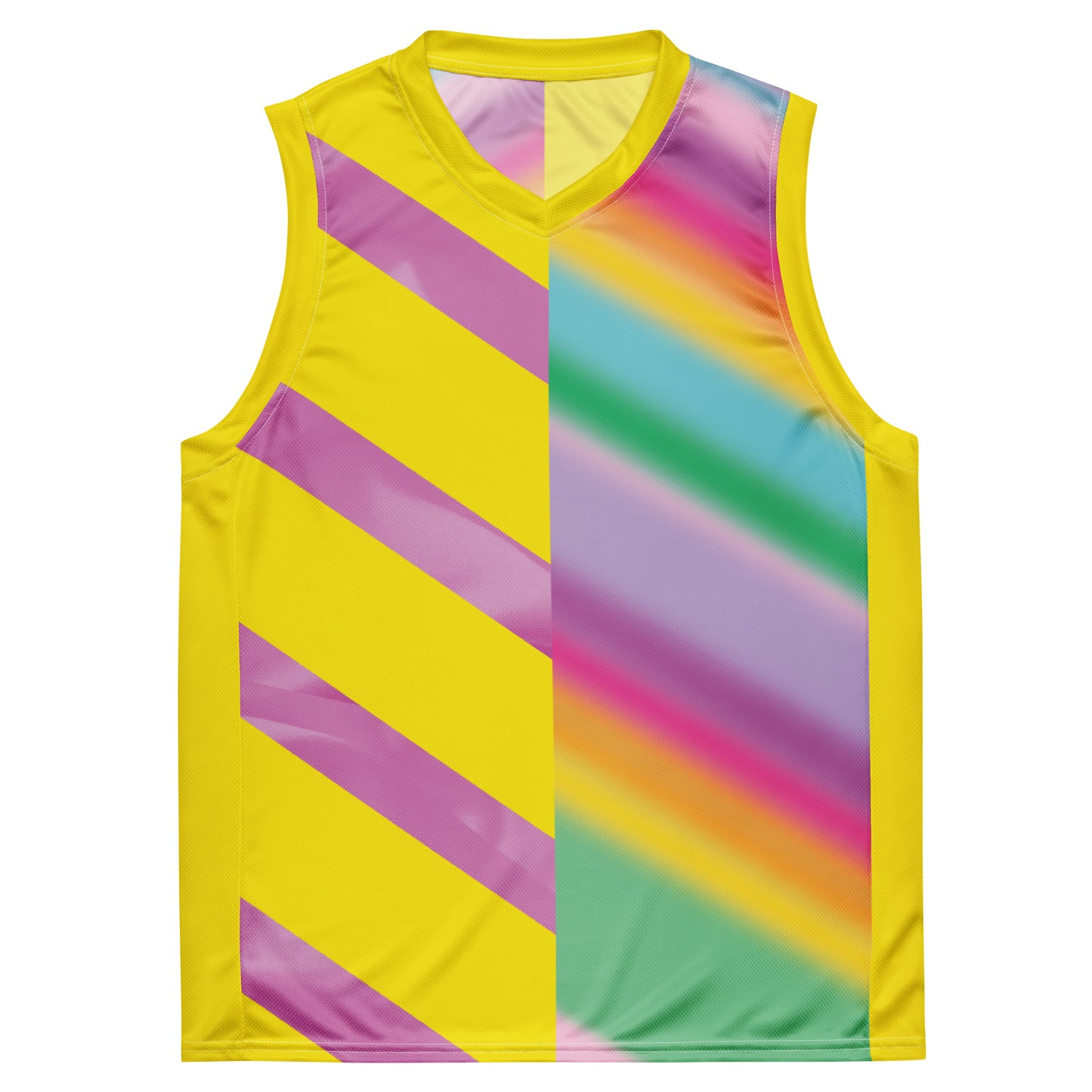 Pastel rainbow wrestling cosplay jersey with diagonal stripe panels and yellow base