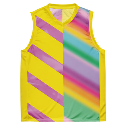 Pastel rainbow wrestling cosplay jersey with diagonal stripe panels and yellow base