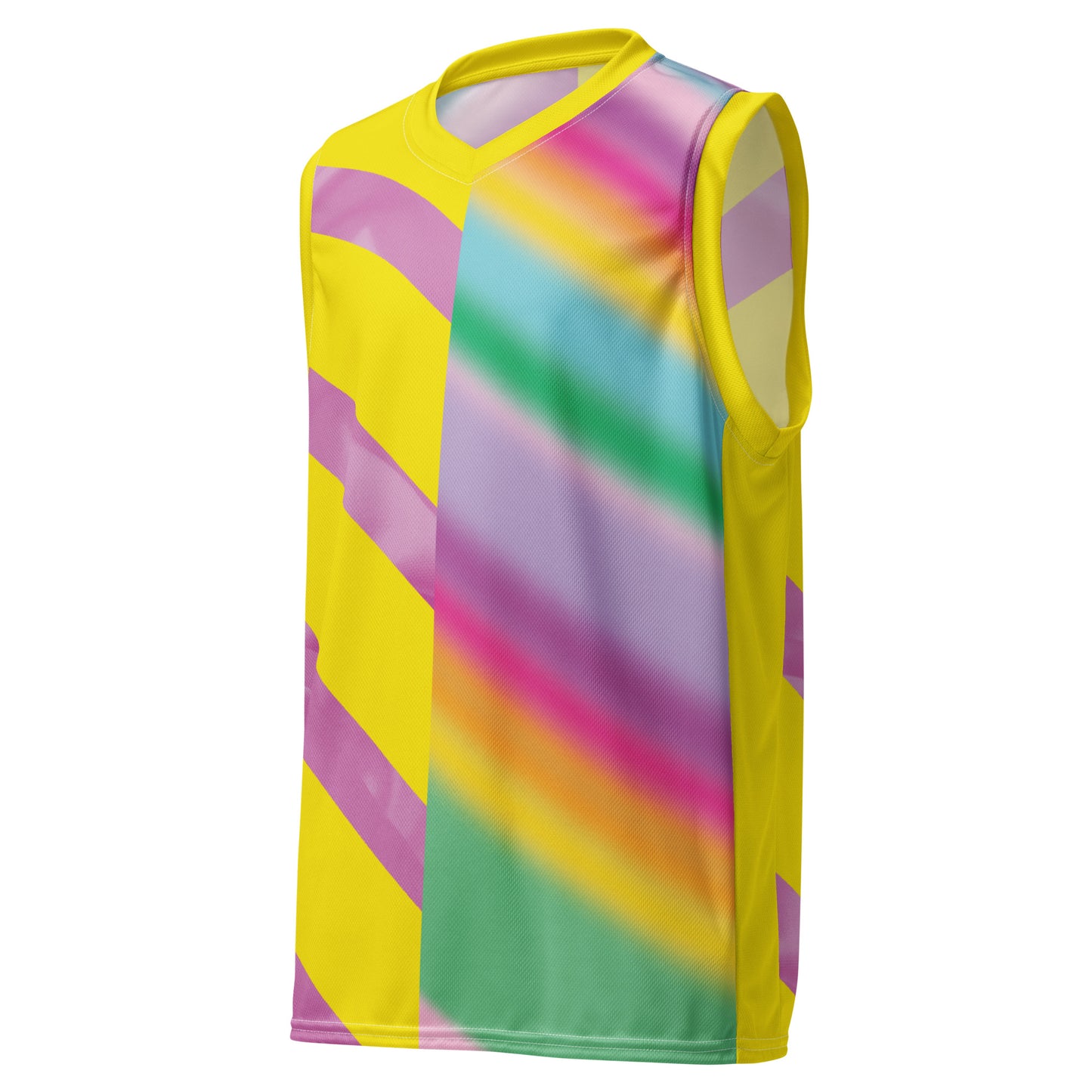 Sleeveless pastel rainbow men’s basketball jersey retro colour block pattern - front view